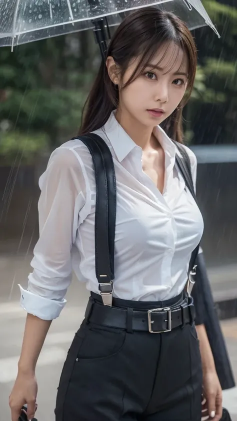 Woman in a suit, belt, Hands on back,  sweaty,  suspenders,  black pants , Sexy, Large Breasts, see-through clothing, rain, Detective, Office Workers,  white button up shirt , ( best quality,4K,8k, High Resolution ,masterpiece:1.2),Ultra-detailed,(Realisti...