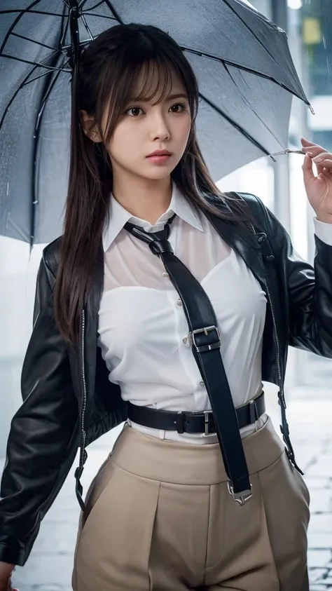 Woman in a suit, belt, Hands on back,  sweaty,  suspenders,  black pants , Sexy, Large Breasts, see-through clothing, rain, Detective, Office Workers,  white button up shirt , ( best quality,4K,8k, High Resolution ,masterpiece:1.2),Ultra-detailed,(Realisti...