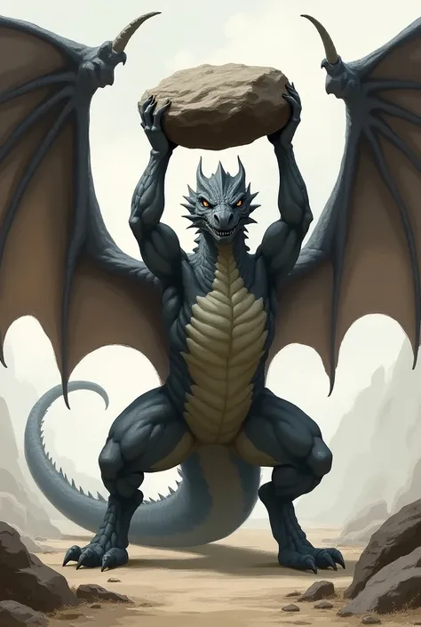 A huge gray winged furry dragon, a jock, raises a rock