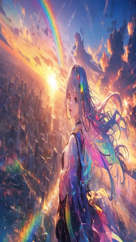 Angelic, Detailed woman,  sunrise, rainbow,  after rain,  horizon , In the sky, city ,  lens flare, colorful,  High Resolution , 8k