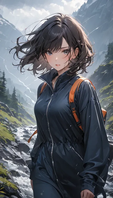 (masterpiece), One Girl, medium hair, Black Hair, A woman walking through a stormy mountain trail, her clothes damp and hair blown by the wind