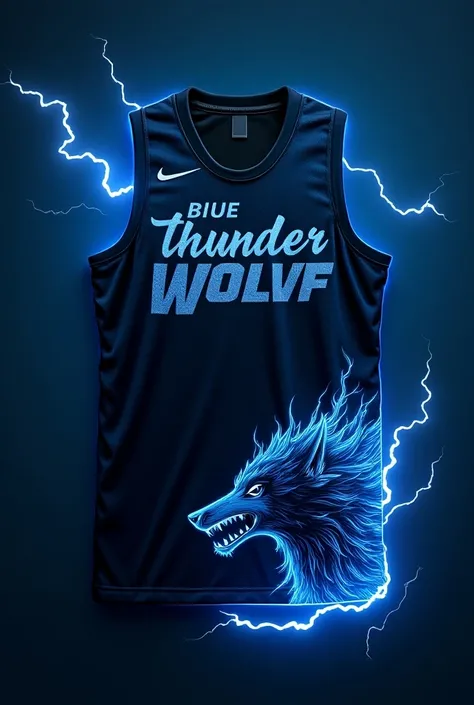 A basketball jersey with the colors of blue black and indigo with text saying "Blue Thunder Wolves" on the chest with design of a blue thunder Wolf in a field of Lightning on lower right of the shirt
