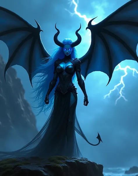 An unstoppable succubus stands tall at the edge of a stormy cliff, her long blue hair whipping violently in the wind, her glowing blue eyes burning with fierce determination. The darkness of her past looms behind her—shadowy figures of torment and pain fro...