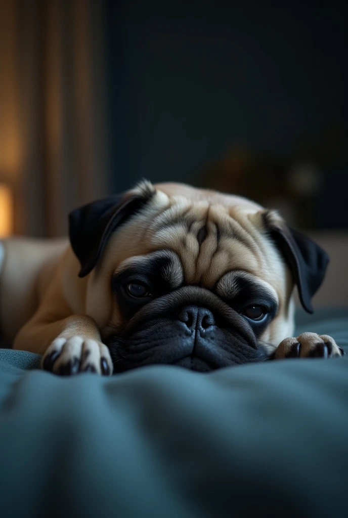 Cinematic ultra HD, hyper realistic full body portrait: 1.4, a pug sleeping on bed, Ultra HD, Realistic, Full body image, Sharp facial features, Deep night dress, Serious expression, Highlighted features, Textured hair, Elegant and charming, Cinematic ligh...