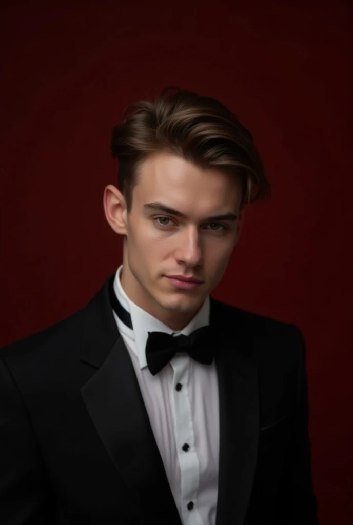 a 24-year-old man with a petite hourglass physique and youthful beauty that makes him appear younger than his age. . Dressed in a perfectly tailored tuxedo that complements his look, he smiles confidently and seductively in a full maroon background, embody...