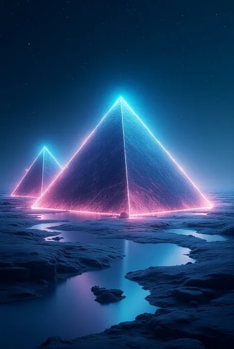 Futuristic pyramids with sleek, modern surfaces, illuminated by soft neon lights, and surrounded by advanced holographic technology, set against a starry night sky