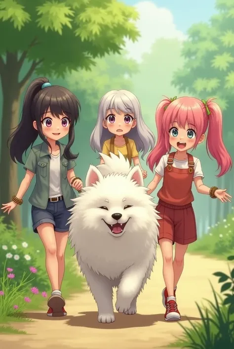 A cute white Samoyed dog is taking a walk with a girl with straight black hair, a girl with pink ponytails, and a girl with twin tails with silver hair