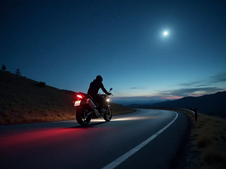 Motorcycle riding on a track with a beautiful night landscape 

