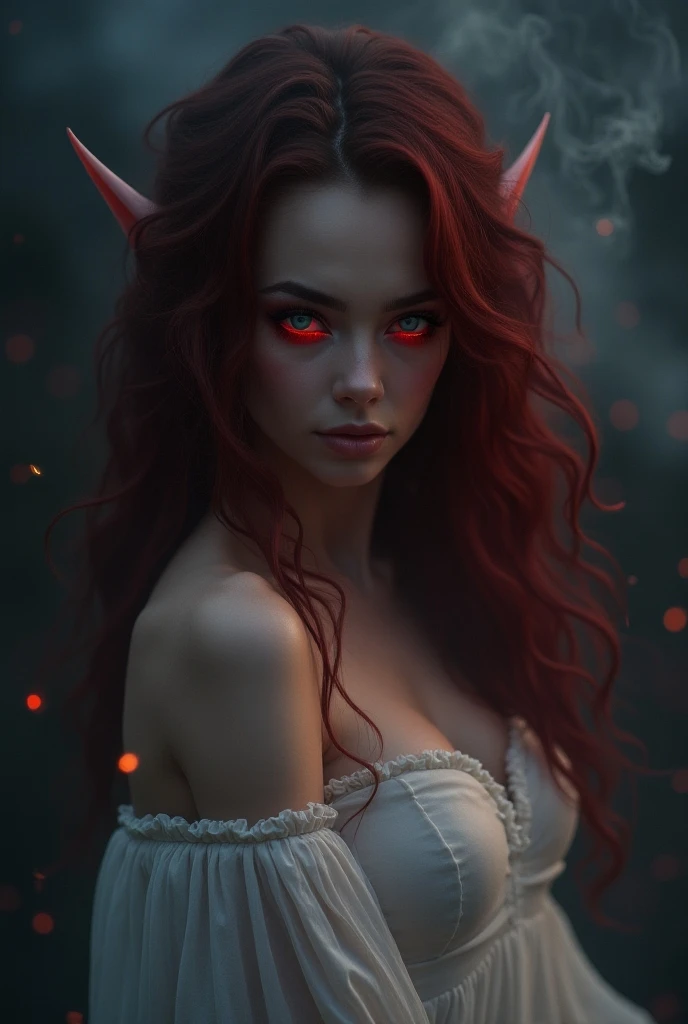 hyperealism, cinematic, raw photo, iphone photo, A dark elf with red, steaming hair falling in heavy curls over her shoulders. Her eyes glow red, and her skin is pale, with a slight white tinge. She is wearing a white velvet dress with white lights that re...