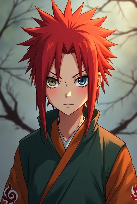 Naruto Uzumaki, , straight hair, bright blood red, with some strands of blonde hair. His right eye is a bright light brown and his left eye is sky blue. He wears his ribbon with the KONOHA symbol on his neck.