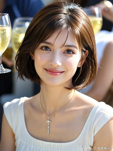 ((White Wine)),((Wine Glasses)),(Realistic, 超Realistic:1.4), 16K HDR,     High Resolution    ,((White Wine)),((Wine Glasses)),Happy smile、  short hair,The best smile、Japanese actress,  so beautiful(It looks like the real thing),dress、Slim couple、Model Coup...