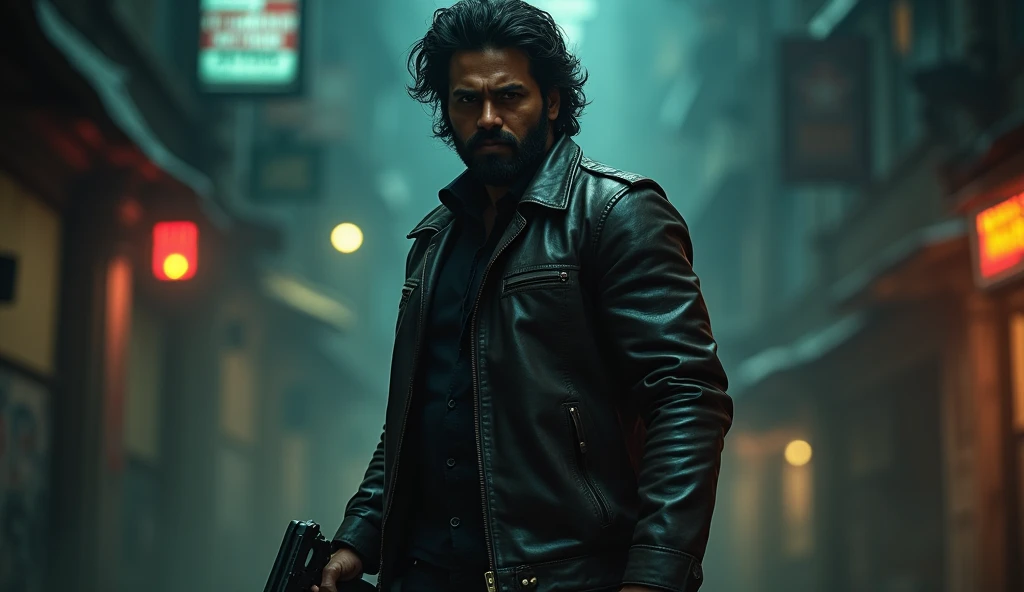 Srimurali as a Vigilante**: 
   Show a dynamic image of *Srimurali* dressed as a rugged vigilante, standing against a dark urban backdrop with an intense expression. He should be wearing a leather jacket, holding a weapon, with the city lights in the backg...