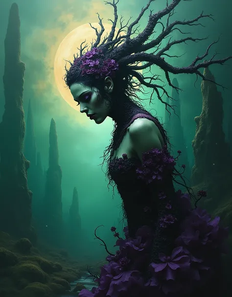 a macabre and twisted beauty, dramatic green and purple colors, insanity and darkness, oil painting inspired by the art of Bill Sienkiewicz, detailed facial features, dramatic lighting, intense and haunting atmosphere, intricate textures, surreal and fanta...