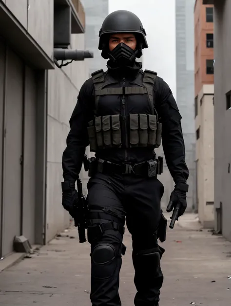 male soldier wearing black techwear apparel pants and protective gear, military vest, gast helmet, balaclava, holding weapon resemble ak47, war-torn urban area, professional photograph