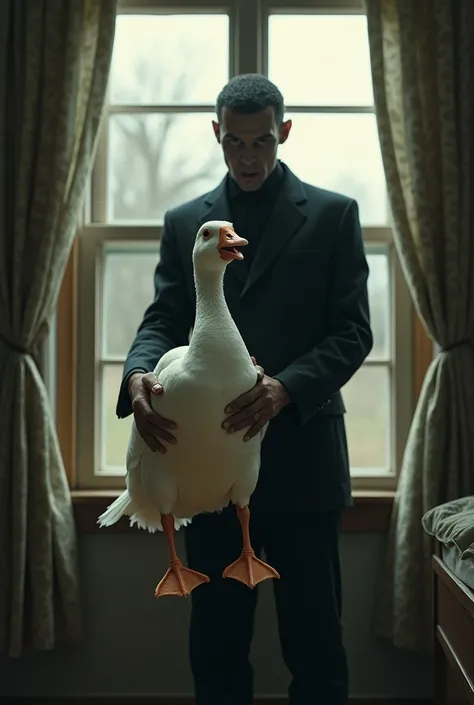 "He looked out the window and suddenly saw a strange person holding a goose in their hand."

