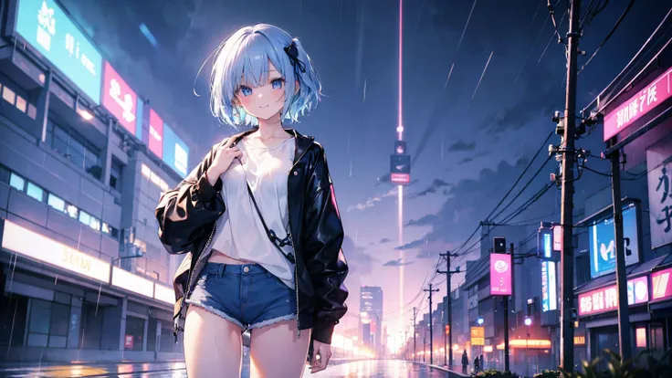  Masterpieces,   Best quality , 1 girl, blue eyes, blue hair, hair ornament, hair over one eye, hair ribbon, short hair, [smile], (Beautiful breasts), Dolphin Shorts ,  casual shirt ,Standing on the road, long sleeves, Front Angle,  in standing ,  night ci...