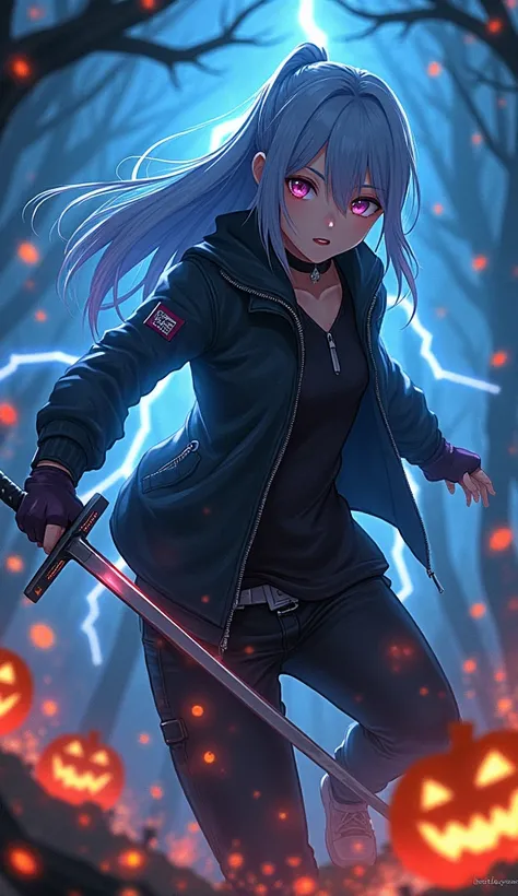  dynamic movement,  Rimurus mid-angle 3D realistic anime drawing in ninja style. , With an infinity backdrop in the style of Halloween , ghost, tree, Desolate, pumpkin. sword, ฝักsword, Rimuru wears a sleek black jacket with zip and long hair. , Blue-gray ...