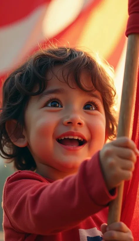 a young child holding a waving national flag, beautiful detailed eyes, beautiful detailed lips, extremely detailed eyes and face, long eyelashes, colorful, vibrant, cinematic lighting, detailed background, (best quality,4k,8k,highres,masterpiece:1.2),ultra...