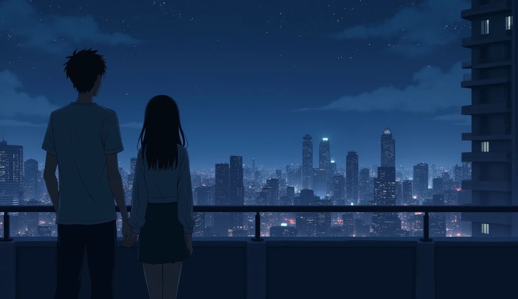  on the roof of an apartment building　 Silhouettes of two people 　Adult male　Adult female　 They both look up at the sky 　Late Night　midnight　High-rise apartment building 　City　 dark  。
Generate image, Anime style, were inspired by the song "" IU and Suga 。...