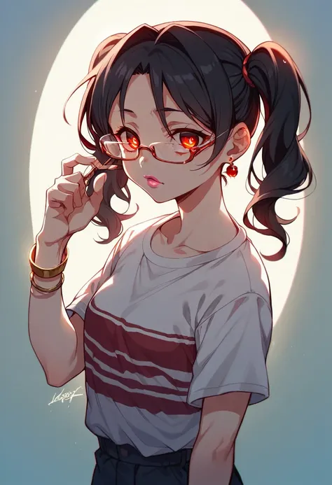 ((1girl, solo ,alone, (iori kousaka, black hair, twintails, glasses, (red eyes:1.5), glasses), gold bracelets, ruby earrings)), ((solo, 1woman, pink lipstick, Extremely detailed, ambient soft lighting, 4k, perfect eyes, a perfect face, perfect lighting, a ...