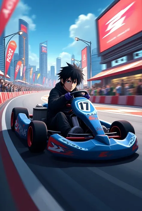 Create an image of Sasuke in a karting with the number 17