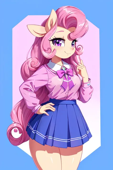 a close up of a pinkie pony with a blue skirt and a pink shirt, pinky pie my little pony, pinkie pie equine, pinkie pie, shining pink armor, anthropomorphic mare, my little pony, pink iconic character, twilight sparkle, aesthetic cute with flutter, magic s...