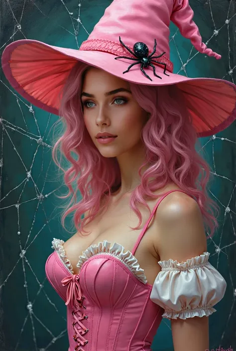 woman impasto oil painting pink female witch full body portrait beauty pretty soft juicy glowing skin shiny highlights pink hair youth witch web witch woman retro vintage charming standing antique spider web on her pointy pink witch hat wearing spider web ...