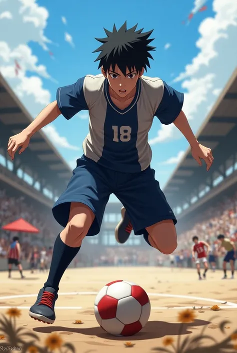 Create an image of Sasuke playing handball with a jersey with the number 18