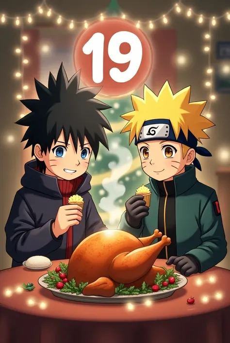 Create an image of Sasuke and Naruto eating a Christmas turkey and the number 19