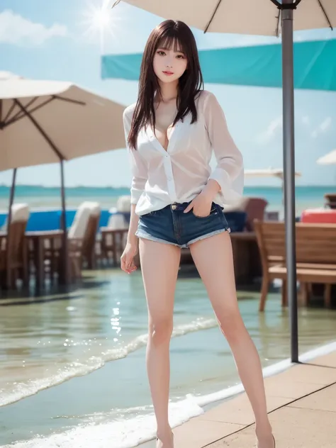 (slender women : 1.7), (thin legs : 2.2), white shirt、(shorts : 1.1), ( sexy poses : 2.0), complex and beautiful eyes、woman、woma...