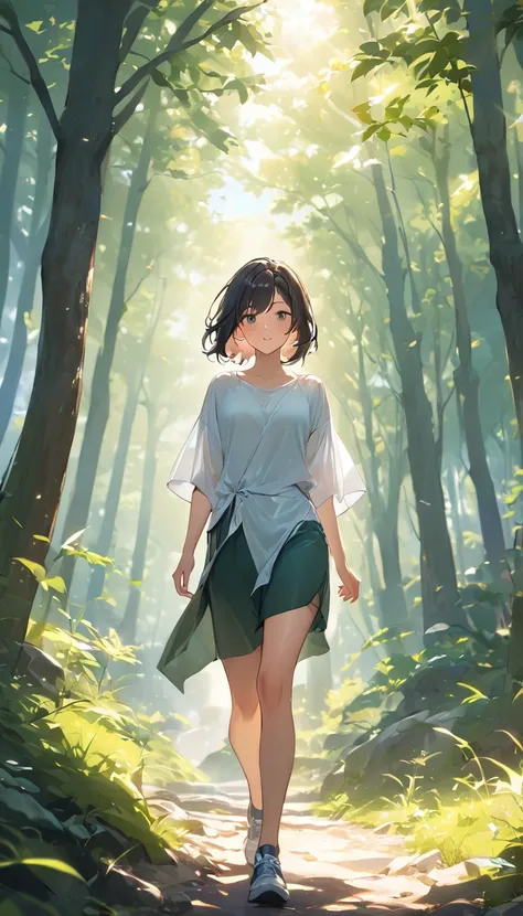 (masterpiece), one girl, medium hair, black hair, a woman walking confidently on a mountain trail, the sunlight filtering throug...