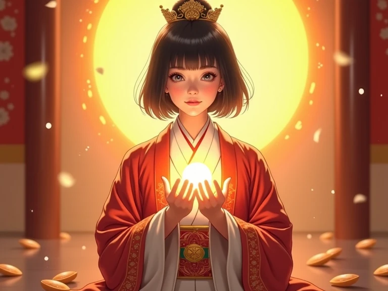 fortune teller、 find your own mission、Soul shines 、A ball of light shining in both hands、 25-year-old woman 、Black Hair、 hairstyle short、 red, white, and gold kimono 、Shining sun in the background、god秘的、god々Shii、Realistic、High image quality