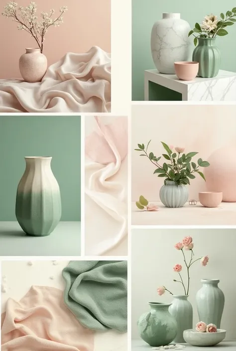 Create a design mood board evoking the emotions of love and beauty. The color palette should include soft green, blush tones, whites, creams. Materials like velvet, silk, marble, and should be present, with textures such as smooth surfaces, plush fabrics, ...