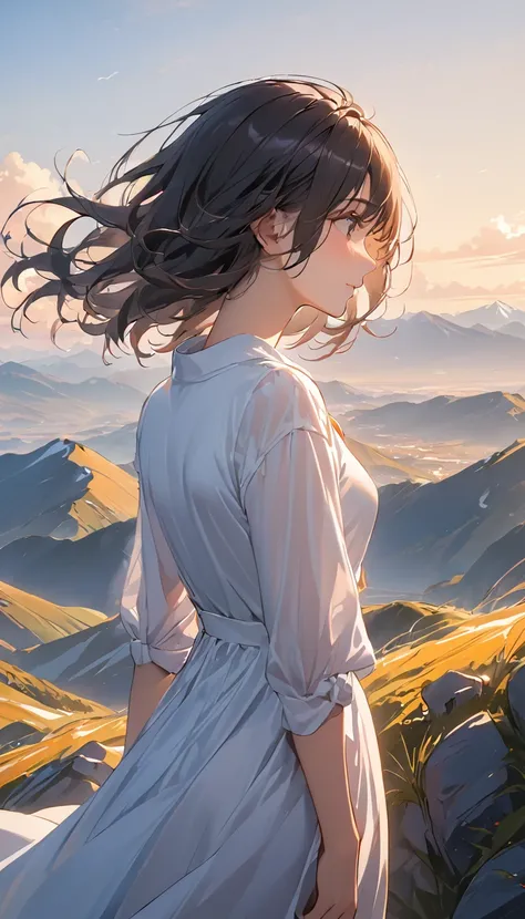 (masterpiece), one girl, medium hair, black hair, a woman standing at a mountain peak, gazing out at the vast landscape, the win...