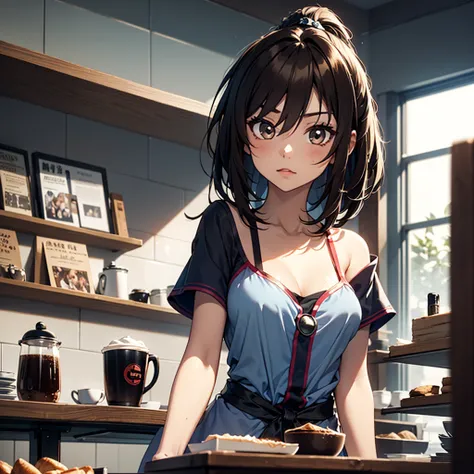 Coffee shop clerk style girl,Cute face,Brown Hair, stylish,Anime Style 4k,Kung Fu Style,Western shot,Stand in front, viewers