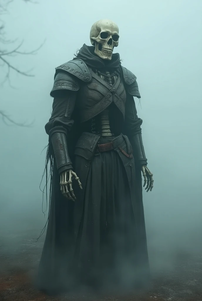 Create a skeleton soldier there is fog around him 