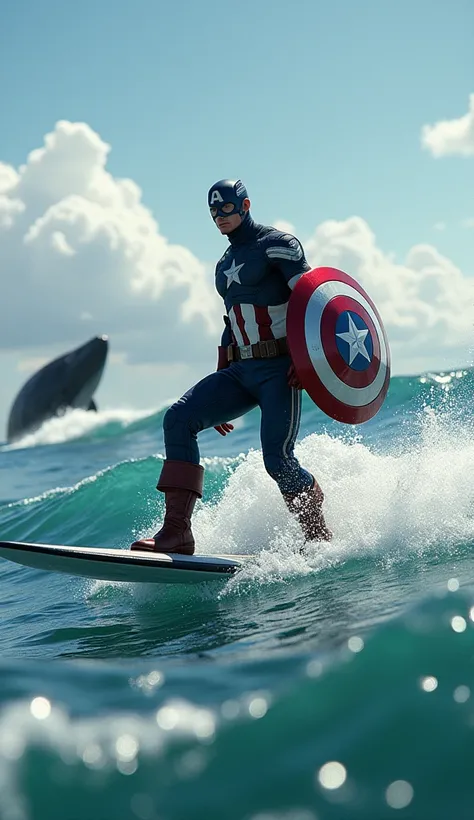 Create a picture of captain Amerika surfing in the sea behind which there are whales swimming along