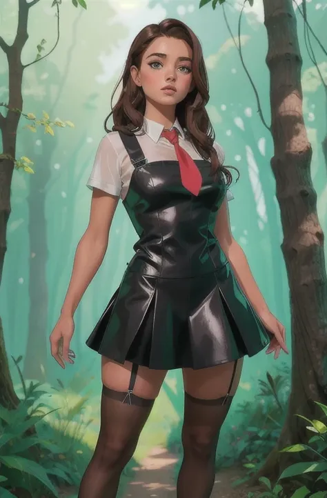 Cute young beautiful schoolgirl pioneer, beautiful cute teen face, curvy figure, black leather skater pinafore dress , transparent white blouse , red tie, brunette long hair, beautiful eyes. stockings, Sneackers, pioneer schoolgirl - standing in the forest...