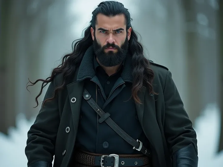 A Slavic man named Tugomir with wavy black hair tied in pigtails, thick lips, almond-shaped turquoise eyes, raised and bushy eyebrows, garibaldi beard, trench coat, pants and black wolfskin boots, muscular and sinewy full body, ultra-realistic 4K dominant ...