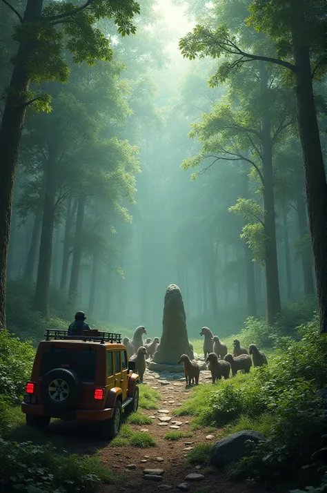 A forest guard stoped the jeep in the middle of the forest where some unknown creatures are worshiping a stone in middle 