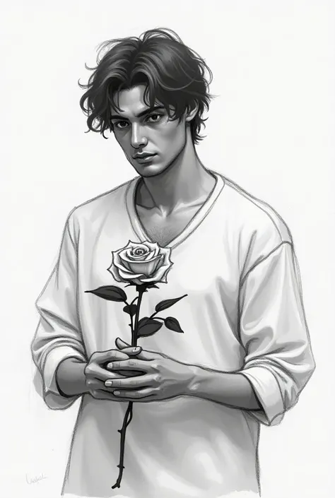 A sketch-style image of a man holding a rose 
