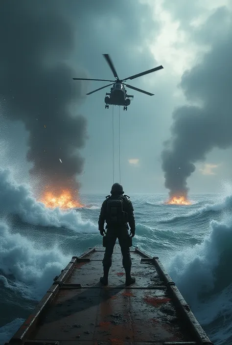 Nario scene in rough sea with platform and exploding helicopter