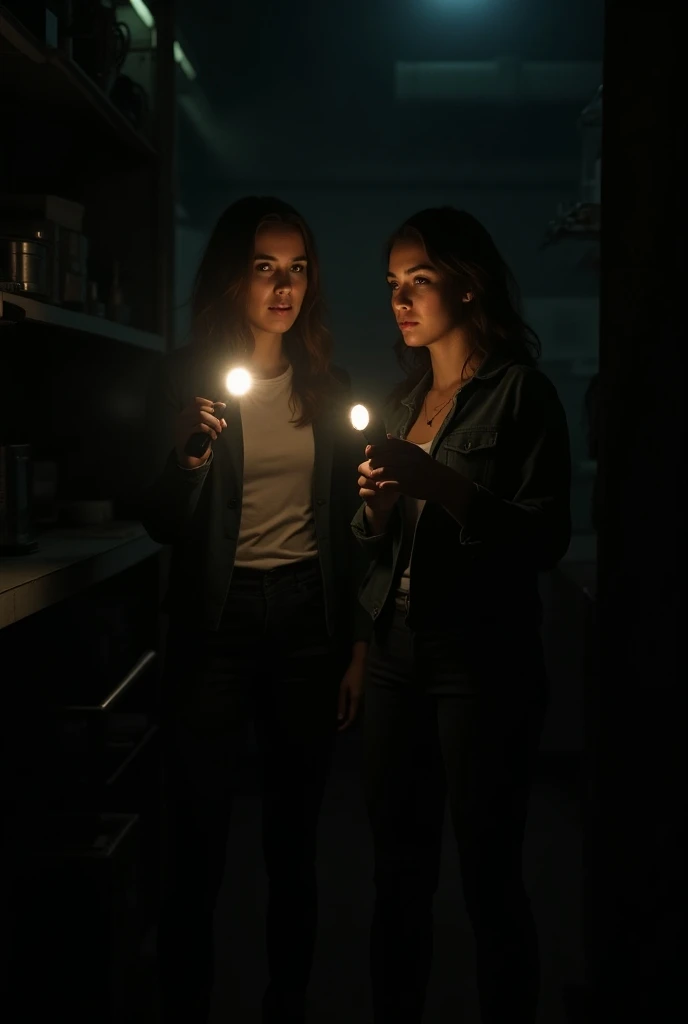 Darkroom and two women with flashlights looking forward 

