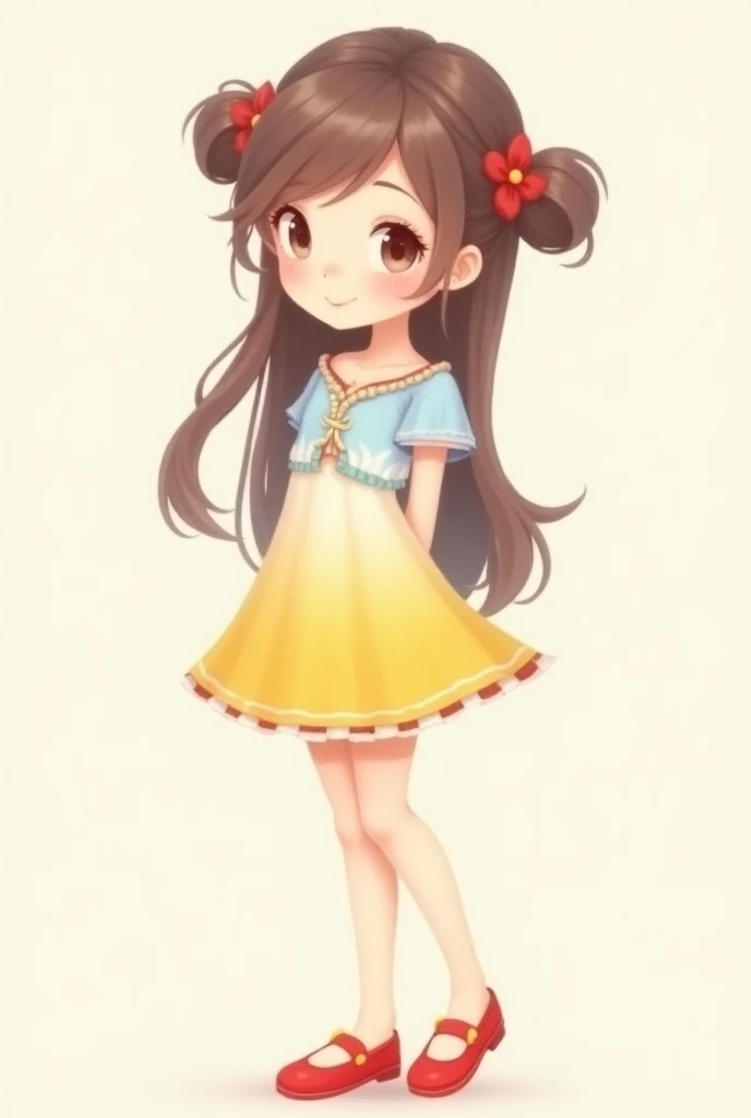 Beautiful cute  , beautiful face, white colour, beautiful hand and shoes, standing up , brown hair and 2 side small cute ponytails with red shoes and yellow and white and blue mix colour dress for cartoon  face create