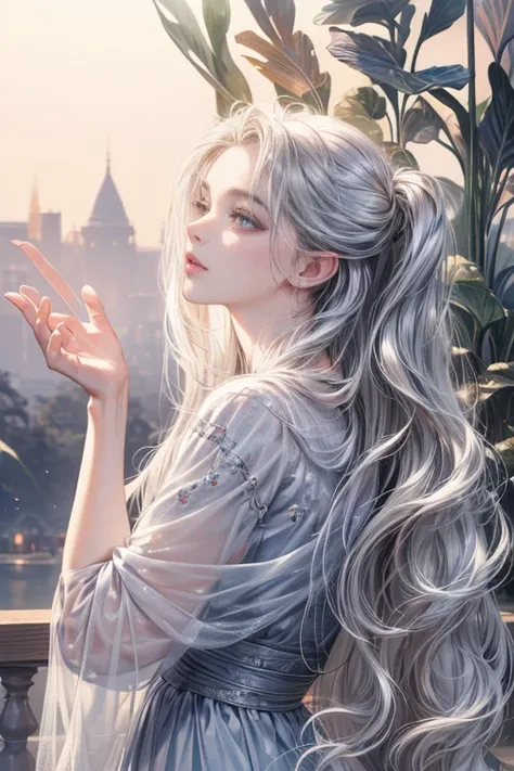 (best quality:1.4,masterpiece:1.4),8k,extremely detailed,(photorealistic:1.37),beautiful detailed eyes,beautiful detailed lips,extremely detailed face and hair,silver long hair,gray eyes,serene expression,silver long dress,magical background,side view,pale...