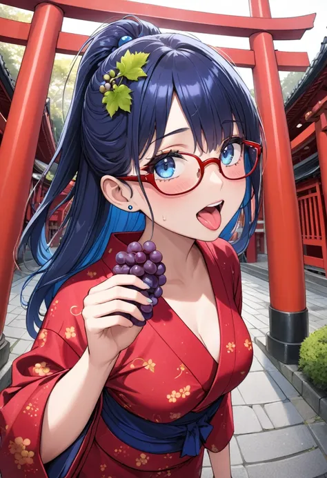 (Masterpiece, High resolution: 1.4), (8K, RAW photo, Fisheye effect: 1.3), Angle from above, Professional photography, Pointillism, Perfect anatomy, Gaze, Forward leaning, Solo person Japanese idol, (realistic: 0.5), (eating grapes: 1.5), (grape pattern, r...