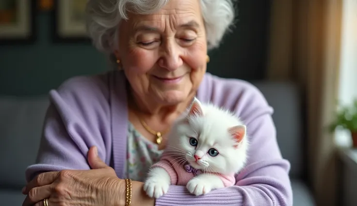 The fluffy white kitten, with its pastel pink sweater and purple bow, sitting happily on the lap of the old woman as she sits in her cozy living room.A highly detailed, close-up portrait of a kind, elderly woman with gentle, warm eyes and a soft smile. Her...