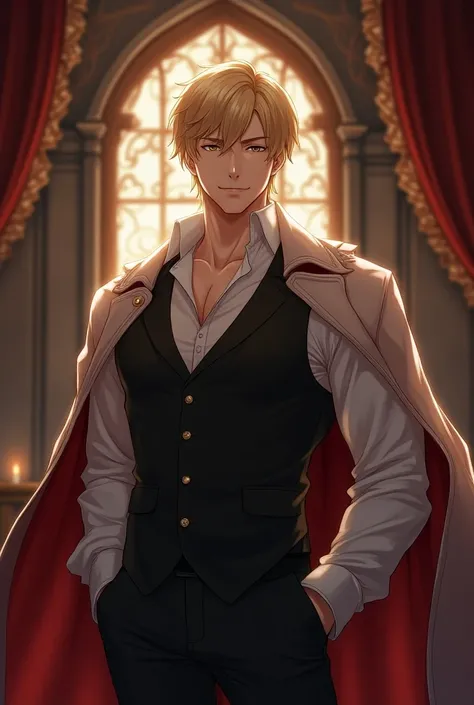  25-year-old male , with blonde hair,  short and side hair, strong, friendly, Sweet, Victorian style, elegant ,anime