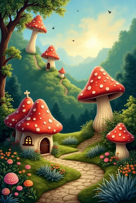  5d Diy Artificial Diamonds Painting Set For Adults Beginners, Mushroom Houses Pattern Diamonds Art