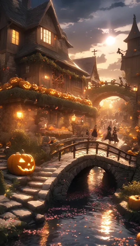 Miniature,  Digital Art ,   Cinematic Composition ,  Under a Peaceful Little Village , greenに囲まれた小さな家, sun rays, Little Cobblestones ,  Petals Flowing in a Small River , Small stone bridge, green,night,Halloween,Pumpkin lantern